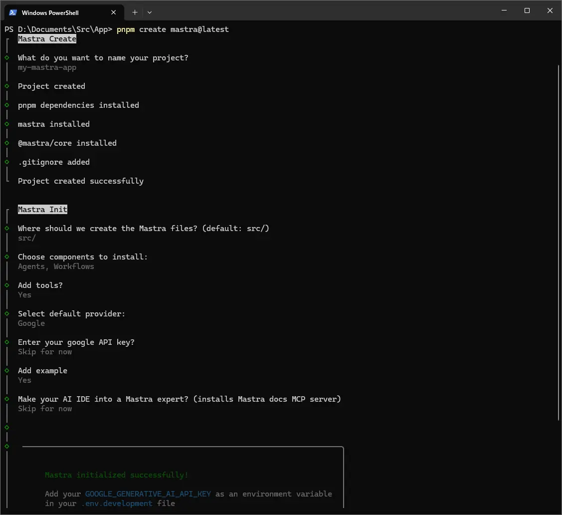 mastraプロジェクト作成画面
